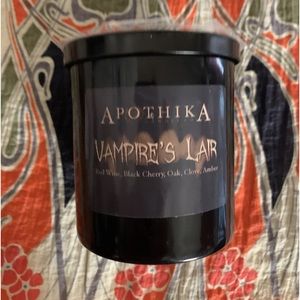 Apothika Vampire’s Lair candle new-wine, black cherry, oak, clove, amber.